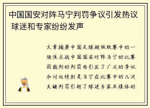 中国国安对阵马宁判罚争议引发热议 球迷和专家纷纷发声
